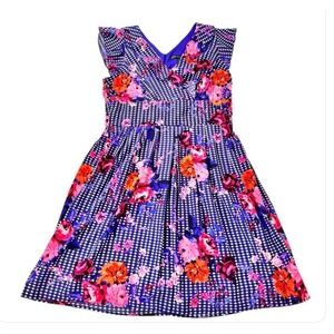 Chris McLaughlin Floral Gingham Dress Women 16 Blue Pink Ruffle Pocket Fit Flare
